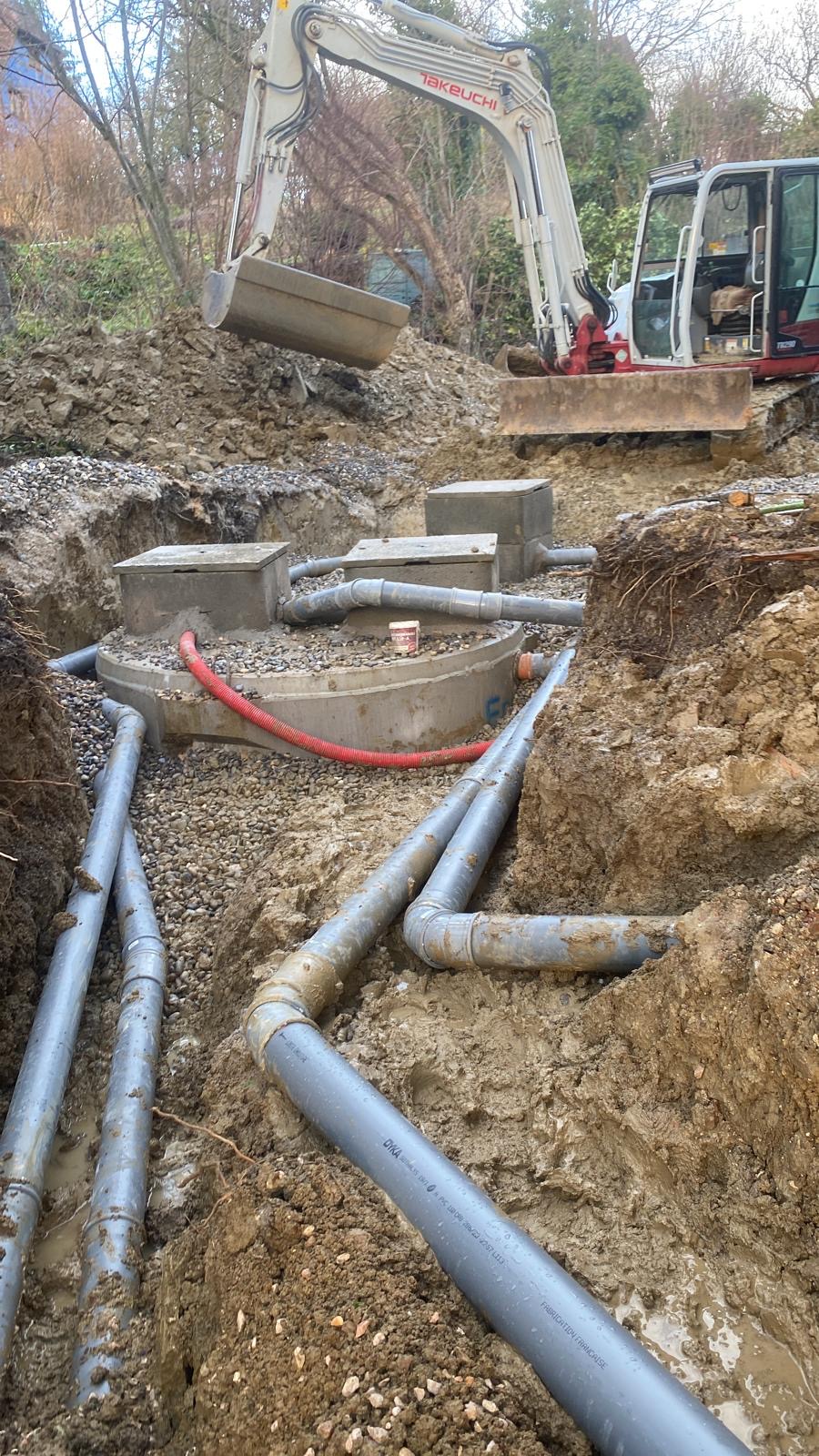 Travaux de canalisations pour évacuation des eaux usées et installation d’une micro-station d’épuration à Wolschwiller proche de Ferrette